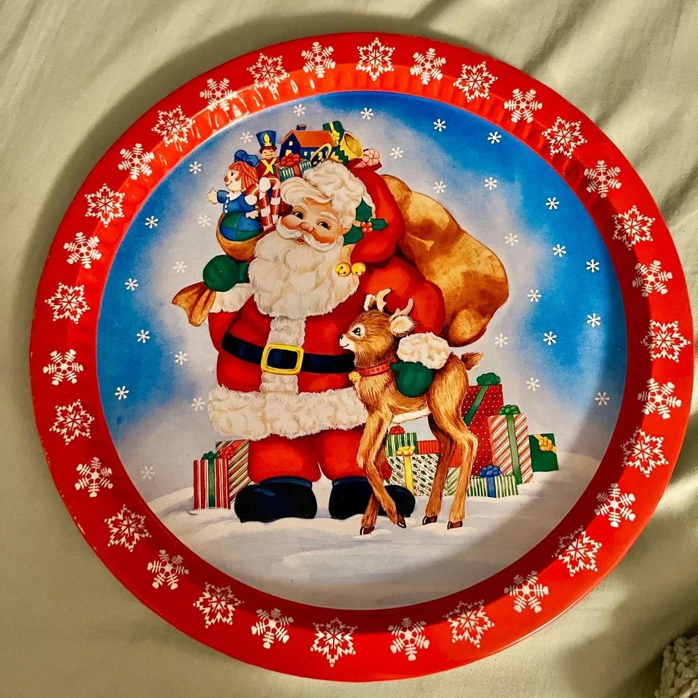 Vintage Y2K Santa Claus & Reindeer Tin Tray Red Snowflake Christmas Decor 12.5